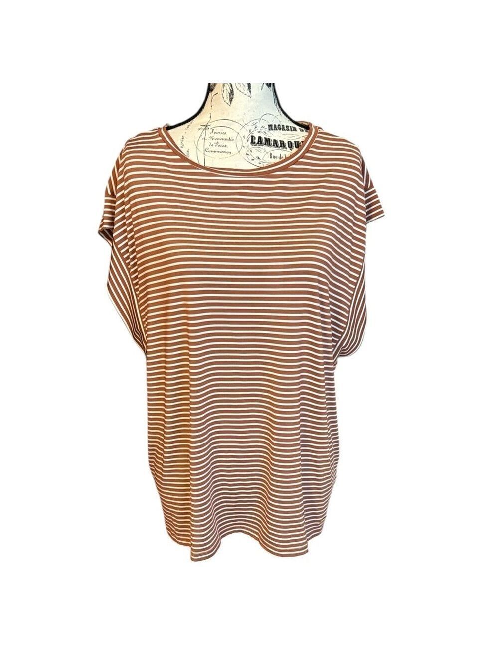 Jones New York Signature Brown Striped Top Cap Sleeve Brown and White Size XL